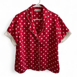 Lord & Taylor Red Polka Dot Satin Button Up Pajama Top Womens Size L
